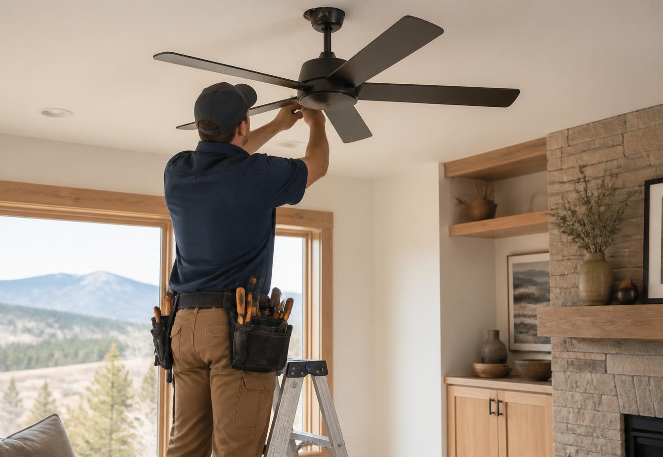 Licensed electrician from Northern Arizona Electrical Solutions installing a ceiling fan in a Flagstaff home.